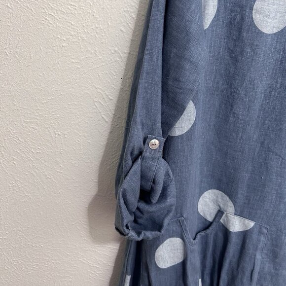Ali Miles 100% Linen Blue Chambra Polka Dot Artsy Pointed Hem Tab Sleeve Top S - Picture 5 of 12